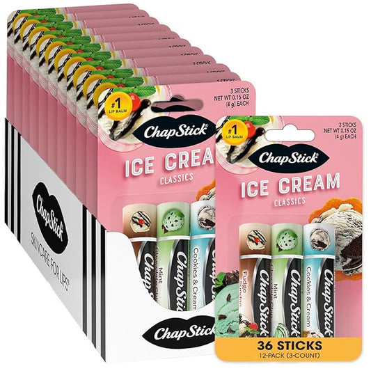 ChapStick Lip Moisturizer, Ice Cream 3-Packs (12 Sets/36 Tubes) - Bulk Lip Balm, Irresistible & Sweet, 0.15 Oz Ea-Velvo Beauty