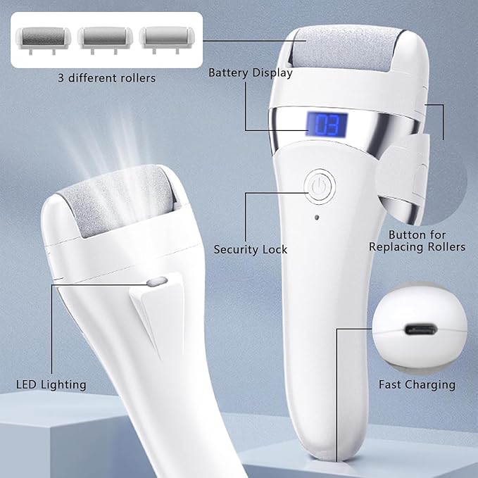 Upgraded Electric Foot Callues Remover, Portable Electric Foot Files with 3 Heads, Rechargeable Feet File for Foot Care, Waterproof Deadskin Remover, Pedicure Tool for Dry and Crack Feet-Velvo Beauty