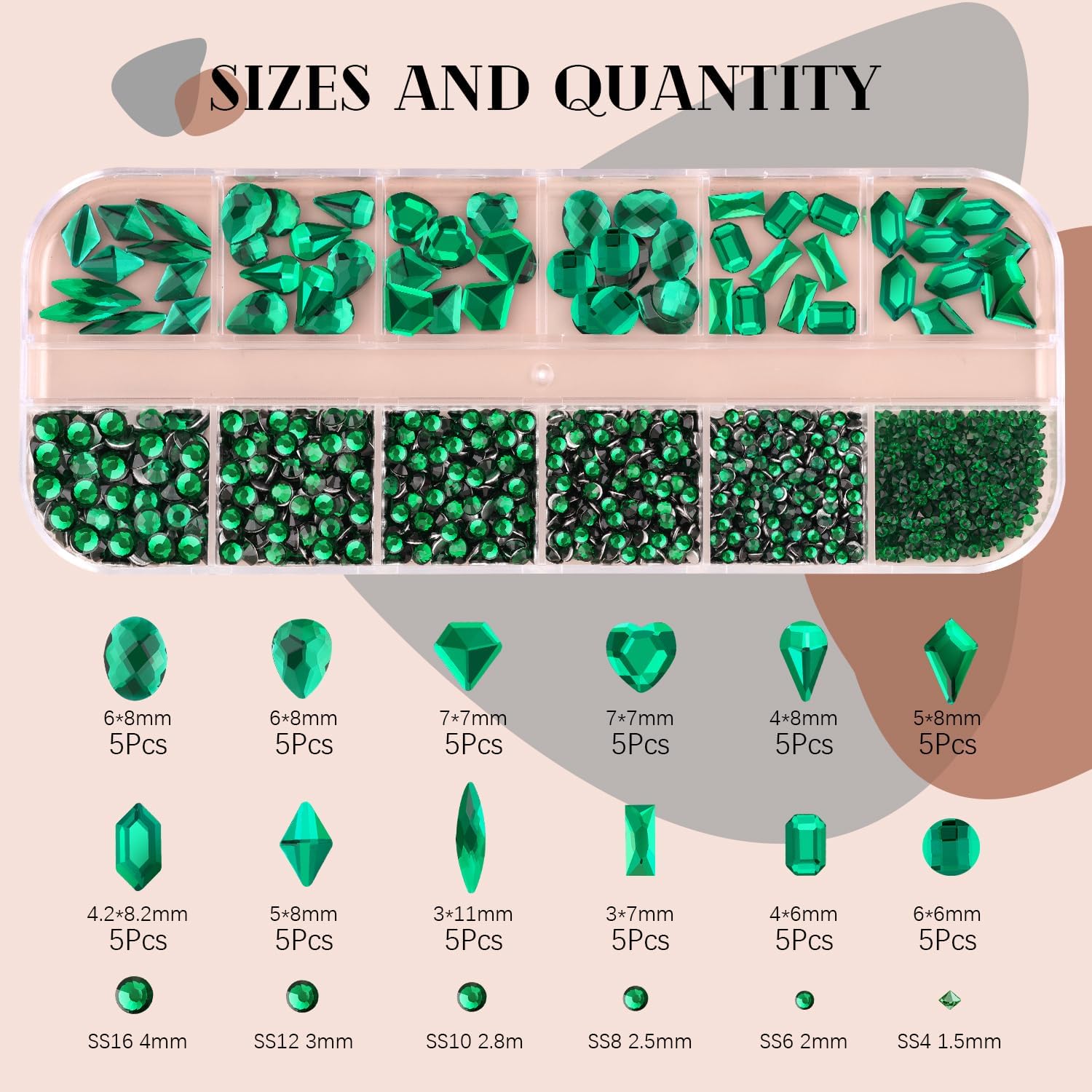 2060Pcs Emerald Green Glass Nail Rhinestones 60Pcs Multi Shapes Flatback Nail Gems + 2000Pcs 1.5-4mm Round Crystal with Rhinestones Glue Gel, Manicure Nail Charms Diamond Gemstone for Nail Art-Velvo Beauty