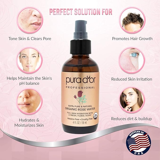 PURA D'OR Organic Rose Water Toner (4oz / 118mL) Eau Fraiche, 100% Pure Full Skin Hydration, Control Excess Oils & Acne - Cleanses & Softens - Promotes Healthy Skin Cell - for All Skin Types-Velvo Beauty
