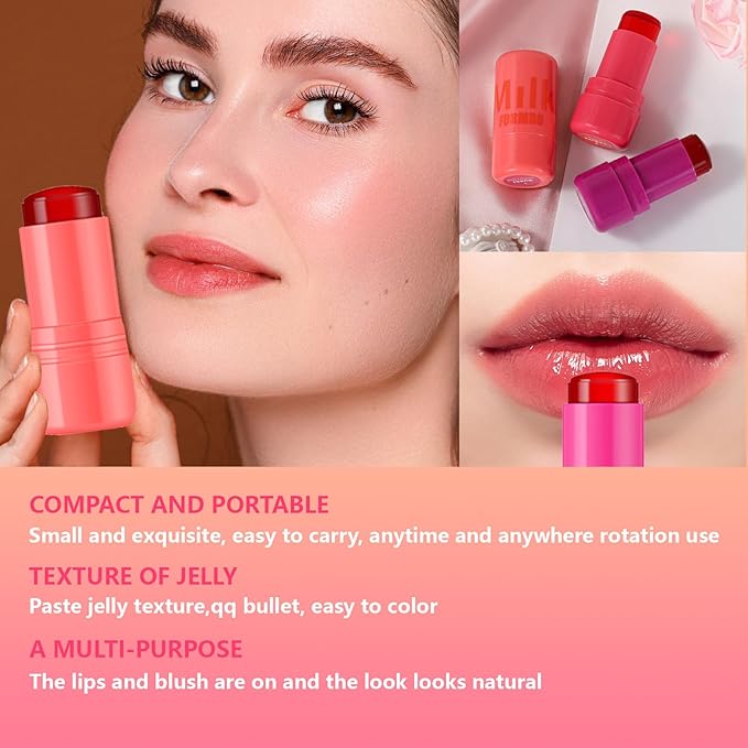 2 Pcs Milk Jelly Blush,Jelly Tint Blush Stick Sheer Lip & Cheek Stain Milk Cooling Water Jelly Tint Long Lasting Face Blushes, Lip Gloss Cheek Solid Moisturizer Stick (03#+04#)-Velvo Beauty
