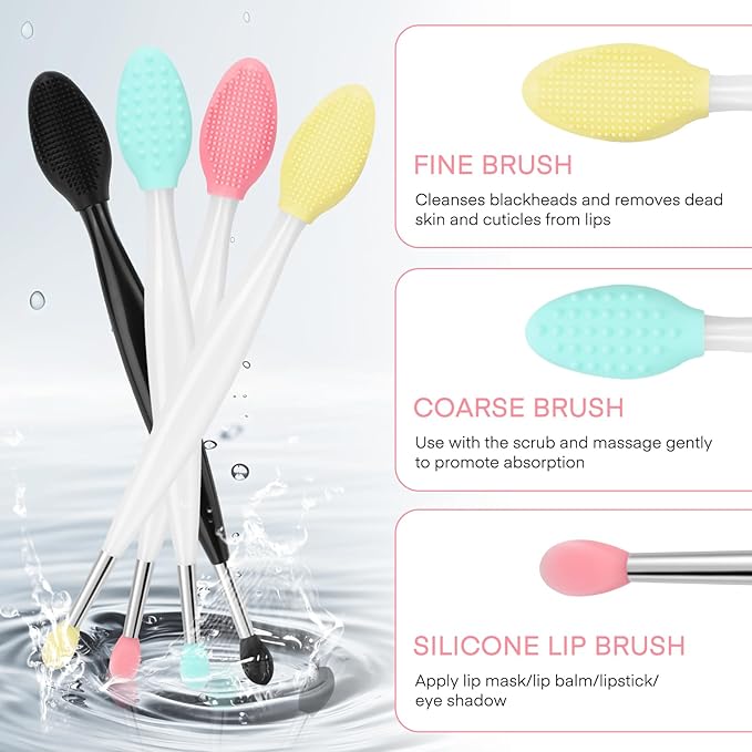 Unaone Lip Scrub Brush - 4 PCS Dual-ended Lip Scrubber Exfoliator and Silicone Lip Brush, 2-in-1 Silicone Lip Scrub Tool Lip Mask Applicator, Gentle Exfoliator & Applicator for Soft-Velvo Beauty