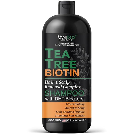 Tea Tree Oil Shampoo with Biotin, DHT Blockers, Itchy Scalp Relief, Supports Thicker-Looking Hair, Cleanses Dandruff & Buildup, For Men & Women, Made in USA, 16 fl oz-Velvo Beauty