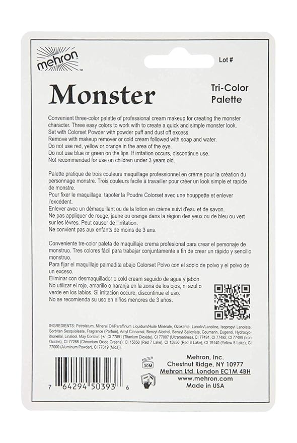 Mehron Makeup Tri-Color Character Makeup Palette | Halloween, Special Effects and Theater Cream Makeup FX Palette | Face Paint Makeup .7 oz (20 g) (Monster)-Velvo Beauty