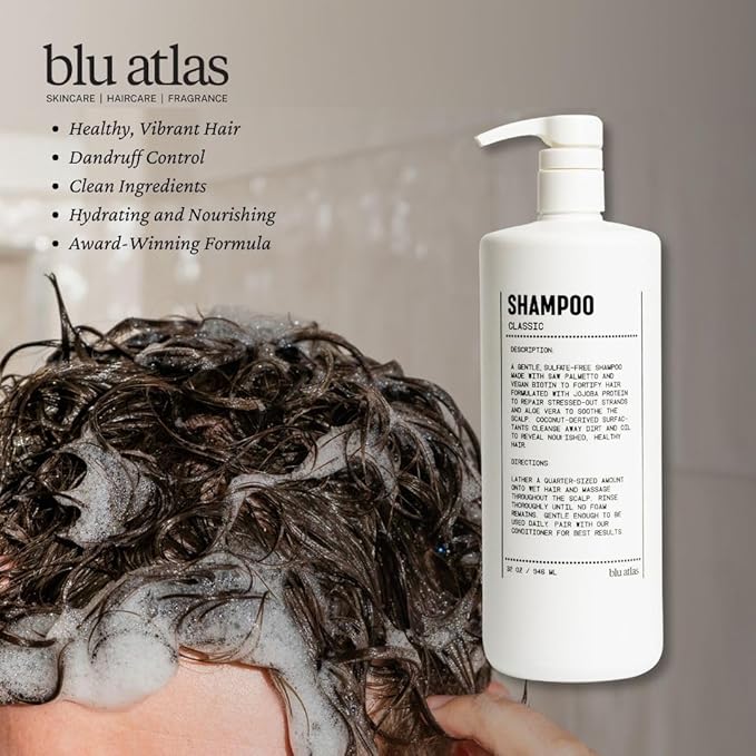 Blu Atlas Men's Natural Shampoo – Organic, Sulfate-Free, Paraben-Free – Deep Cleansing & Hydrating – Classic Scent (Bergamot, Sage, Patchouli) – Made in America– 32 oz-Velvo Beauty