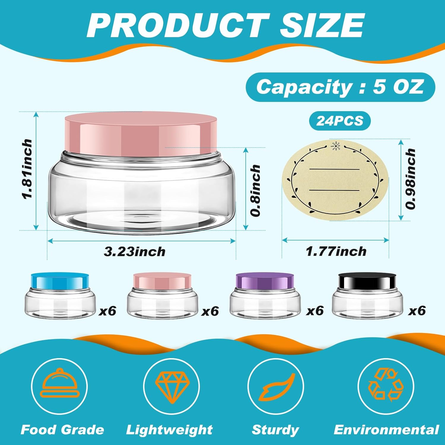 Tessco 24 Pack Plastic Jars with Lids Labels Empty Clear Plastic Jars Round Refillable Cosmetic Containers Body Butter Containers Bulk Sugar Scrub Bottle for Make Up(5 oz,Multicolor)-Velvo Beauty