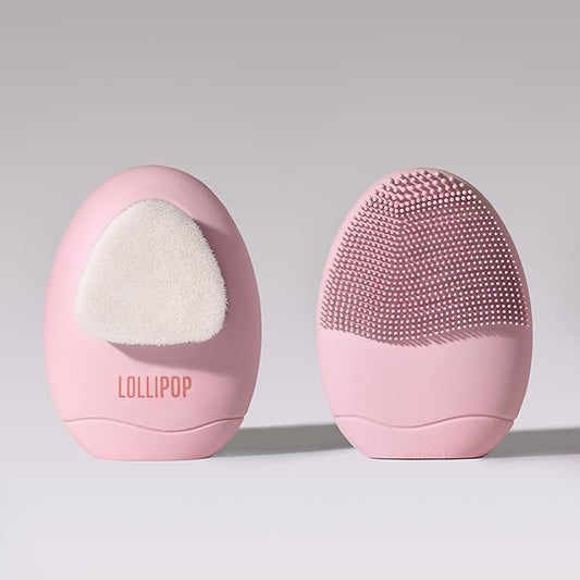 LOLLIPOP Dual-Sided Facial Cleansing Brush | Palm Size Silicone Face Exfoliator and Soft Fiber Cleanser | Manual Face Scrubber for Pores, Makeup Removal, Blackhead and Skincare Routine, Bubblegum-Velvo Beauty