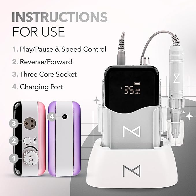 M Mase- Professional Nail Drill Machine - Coreless 2-in-1 Nail File - Electric, Cordless, 35000 RPM, HD Display - Electric Nail Drill for Professional & Home Use (White)-Velvo Beauty