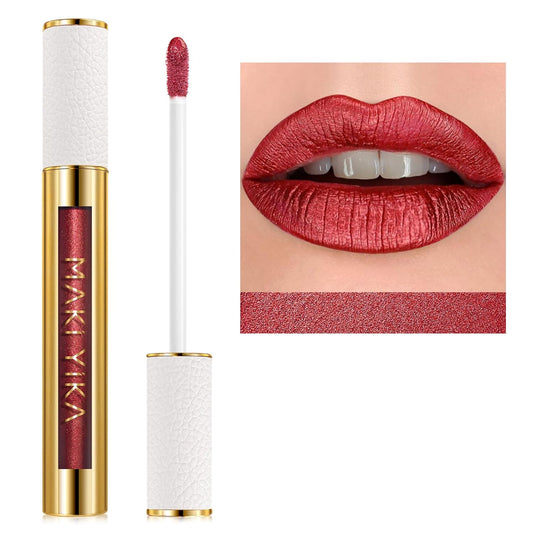 MAKI YIKA Red Lipstick for Women Metallic Lipsticks Glitter Long Lasting Lipstick No Smudge No Transfer Shimmer Liquid Lip Gloss (BR06 Dangerous)-Velvo Beauty