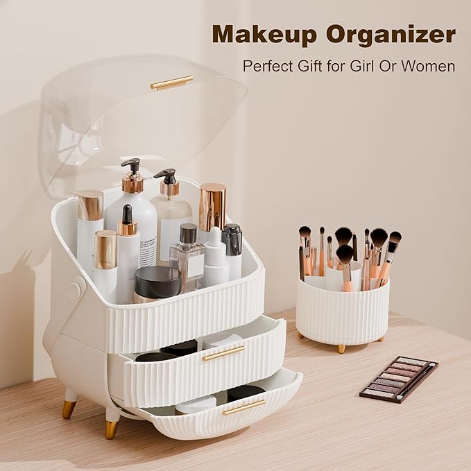 Makeup Organizers and Storage Make up Organizer for Vanity Cosmetics Skincare With Lid and Drawers Display Cases for Countertop Bathroom Women Teenager Girl Gifts(White+Brush Holder)-Velvo Beauty