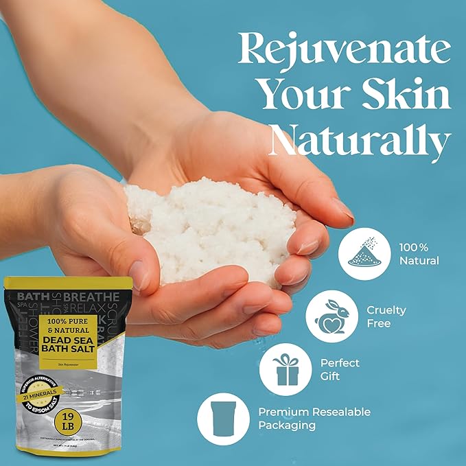 Aromasong Dead Sea Salt - Spa Bath Salt - 19 Lbs Fine Grain Bulk - 100% Pure - Better Absorbing Than Epsom Salt - Soak for Women & Men for Skin Issues and to Relax Tired Muscles - Resealable Pack.-Velvo Beauty