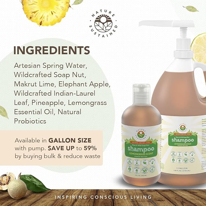Organic Shampoo - Raw & Wildcrafted with Probiotics, Hypoallergenic Natural & Sulfate Free Shampoo for Sensitive Scalp, Dry Hair, Dandruff, Gallon, Lemongrass-Velvo Beauty