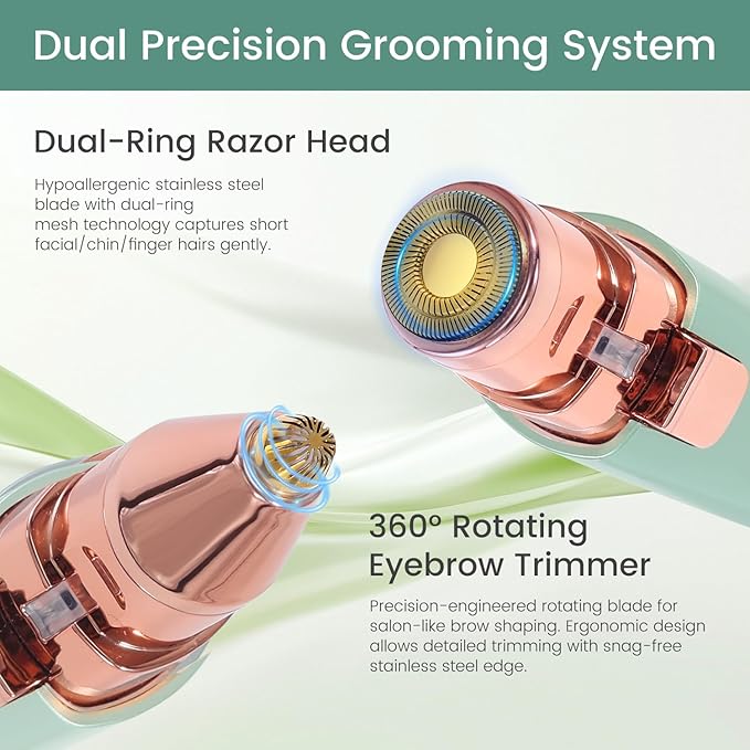 Hatteker Eyebrow Facial Trimmer, 2 in1 Rechargeable Hair Removal and Eyebrow Shaver - Face Lips Body Painless Razor with Built-in LED Light (Green)-Velvo Beauty