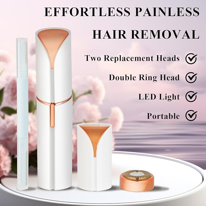 Facial Hair Removal for Women Men,Electric Painless Hair Removal Device Included 2 x Replacement Heads,USB Rechargeable Lady Womens Face Shaver with LED Light for Lip,Chin,Arms (White)-Velvo Beauty