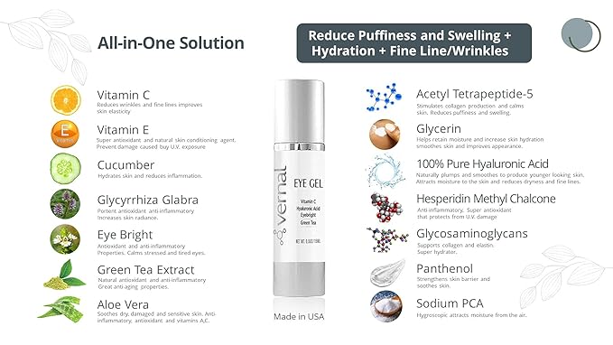 Vernal Anti Wrinkle Eye Cream - Vitamin C and Hyaluronic Acid Infused Collagen Eye Cream, Dark Circle Depuffing Eye Bag Cream for Dark Circles, Puffiness, Under Eye Bags, Crows Feet & Fine Lines-Velvo Beauty