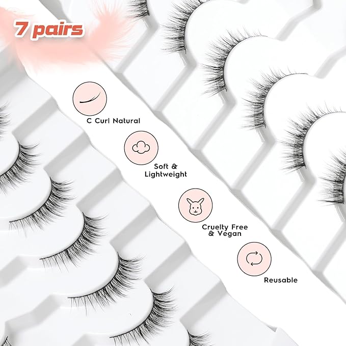 Natural Lashes Wispy Eyelashes Natural Look Short Lashes Pack 12mm Eyelashes C Curl False Lashes Thinner Band 3D Volume Fake Eyelashes 7 Pair Siligli-Velvo Beauty