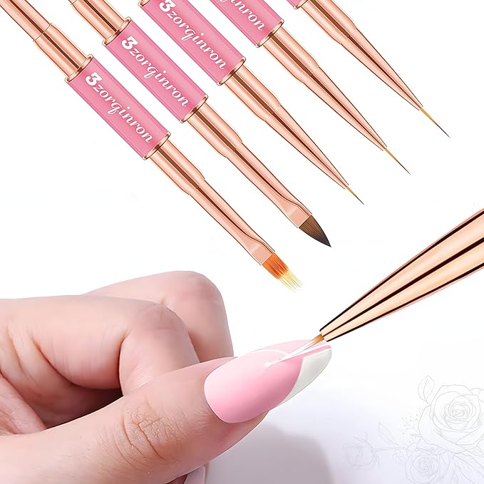 Nail Art Bushes Set, Professional 5Pcs Double-Ended Nail Brush Kit for Details, Long Lines, Ombre & 3D Design-Perfect for DIY Manicures & Salons (Pink)-Velvo Beauty