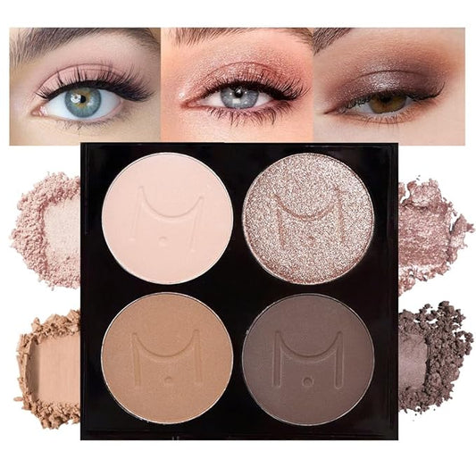 Eyeshadow Quad - Blendable Matte & Shimmer, 4 Shades Nude Champagne, Gold, Light & Dark Brown, Velvety Pigmented Formula, Long-Lasting, Built-In Mirror, Perfect for Older Women 01#-Velvo Beauty