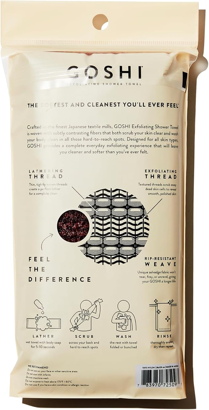 GOSHI Exfoliating Shower Towel - Rip-Resistant Exfoliating Washcloth for All Skin Types - Brick Red - Made in Japan-Velvo Beauty