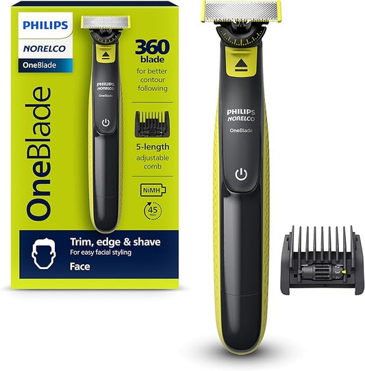 Philips Norelco OneBlade 360 Hybrid Face, Electric Beard Trimmer and Shaver, with 360 Blade Technology, 1x 360 Blade for Face, 5in1 Adjustable Comb, Model QP2724/90-Velvo Beauty