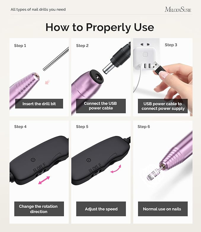 MelodySusie Electric USB Nail Drill Machine,PC120I Portable Electric Nail File Efile Set for Acrylic Gel Nails, Manicure Pedicure Tool with Nail Drill Bits Sanding Bands (Purple)-Velvo Beauty