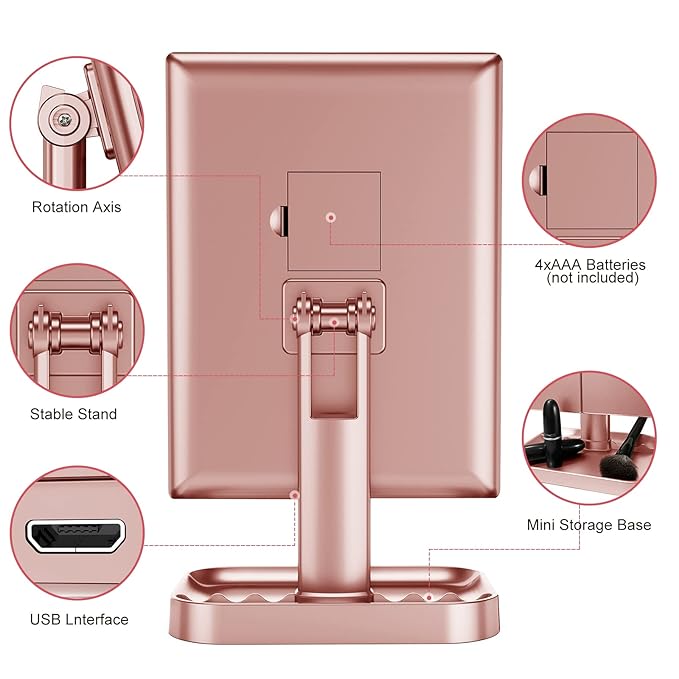 HUONUL Makeup Mirror, 10X 3X 2X Magnification, Lighted Makeup Mirror, Touch Control, Dual Power Supply, Portable LED Mirror, Women Gift (Rose Gold)-Velvo Beauty