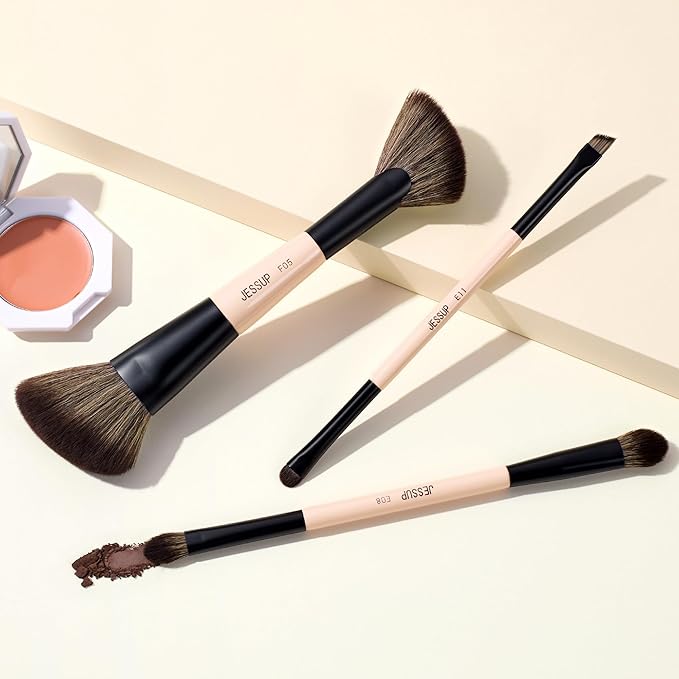Jessup Travel Makeup Brushes Set 3pcs, Double Sided Contour Brush Dual Ended Eye Shadow Shader Eyeliner Brush, Multi-functional Makeup Set Peach Dust T507-Velvo Beauty