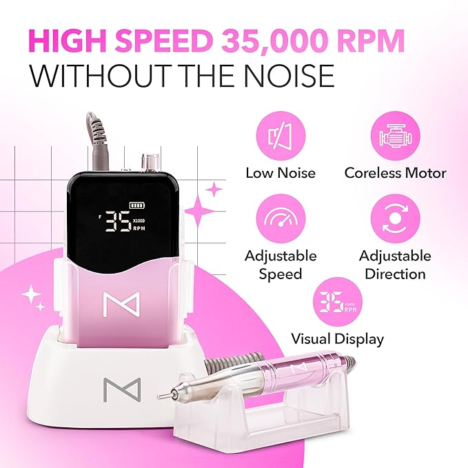 M Mase- Professional Nail Drill Machine - Coreless 2-in-1 Nail File - Electric, Cordless, 35000 RPM, HD Display - Electric Nail Drill for Professional & Home Use (Unicorn Pink)-Velvo Beauty