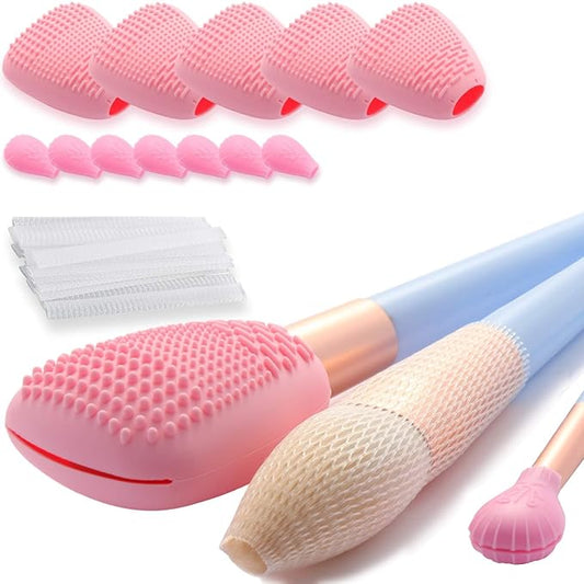 Silicone Travel Make-up Brush Holder with Cleaner Mat Pad, Organizer Case Covers for Foundation Eye Lip Brushes Storage Cleaning, Gift for Women Girl-friend Mother Wife, 5-Pcs Large + 7 Small, Pink-Velvo Beauty