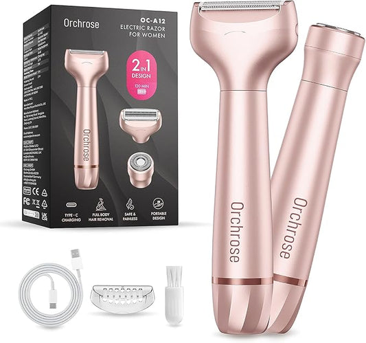 Electric Razor for Women Body: Rechargeable Painless Electric Shaver for Bikini Face Body Legs Underarms - 3-in-1 Blade and Rotary Shaving Head (Rose Gold)-Velvo Beauty