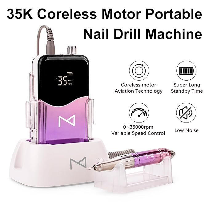 M Mase- Professional Nail Drill Machine - Coreless 2-in-1 Nail File - Electric, Cordless, 35000 RPM, HD Display - Electric Nail Drill for Professional & Home Use (Pink Gold)-Velvo Beauty