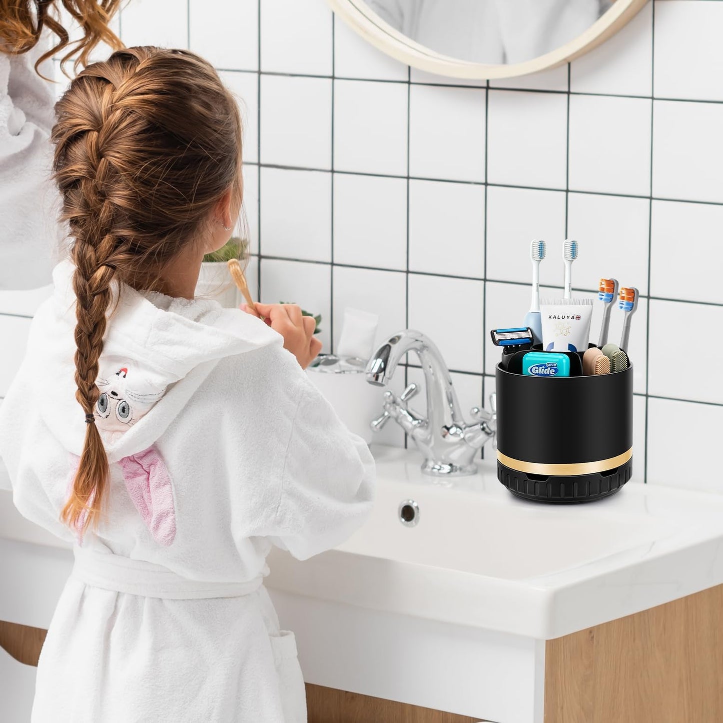 Bathroom Organizer Countertop - Rotating Black Toothbrush Holder for Bathroom Accessories Organization Detachable 6 Slots Bathroom Sink Storage Caddy Vanity Organizer-Velvo Beauty