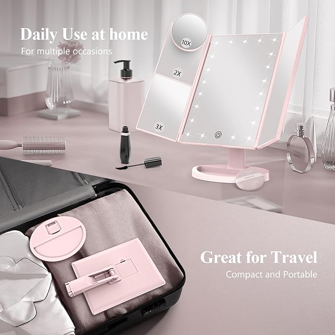 HUONUL Makeup Mirror Vanity with Lights, 2X 3X 10X Magnification, Lighted Mirror, Touch Control, Trifold Dual Power Supply, Portable LED Women Gift (Pink)-Velvo Beauty