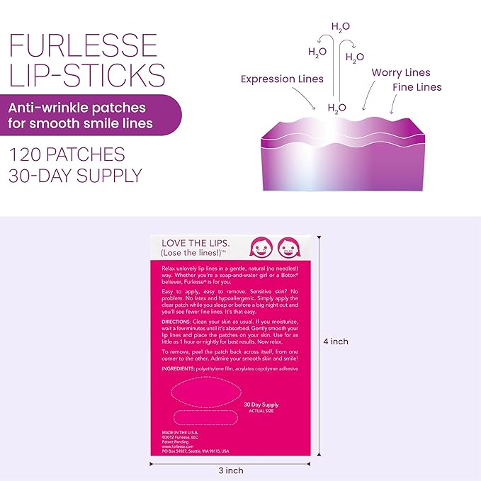 Furlesse Lip-Sticks Wrinkle Patches, Overnight Anti-Wrinkle Patches for Smile Lines, Fine Lines, and Expression Lines, Non-invasive Lip Patches, Anti-aging Skincare, 120 Patches, 30-Day Use-Velvo Beauty