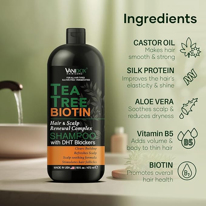 Tea Tree Oil Shampoo with Biotin, DHT Blockers, Itchy Scalp Relief, Supports Thicker-Looking Hair, Cleanses Dandruff & Buildup, For Men & Women, Made in USA, 16 fl oz-Velvo Beauty