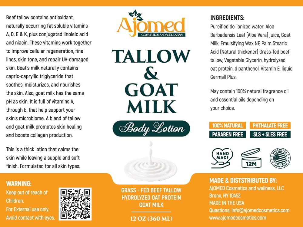 Grass Fed Beef Tallow & Goat Milk Body Lotion for Sensitive Skin, Organic Tallow moisturizer- Soothes Dry Patches, Goat Milk Moisturizer - Handmade Tallow Body Lotion (Oatmeal & Honey, 12 Oz)-Velvo Beauty