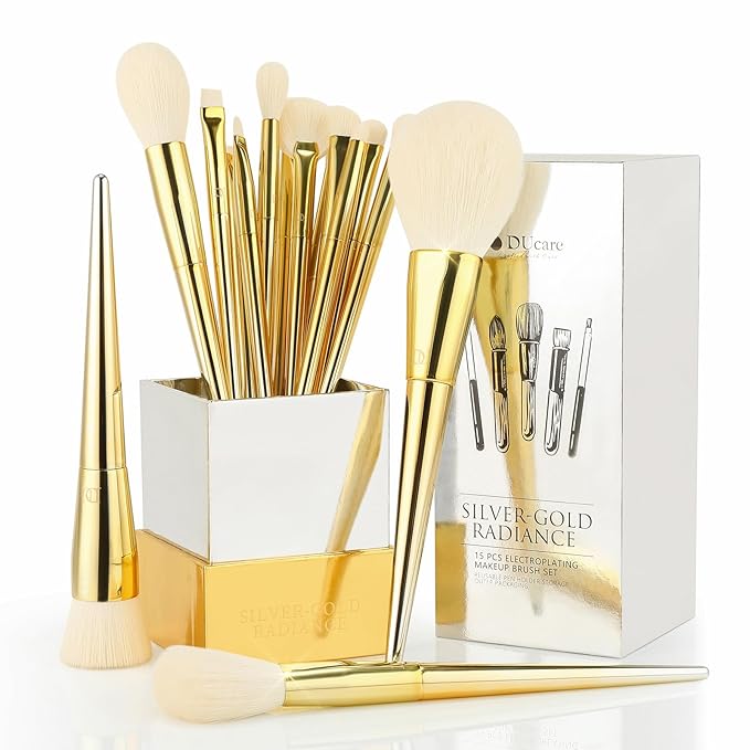 DUcare Makeup Brushes 15Pcs Makeup Brush Set with Holder Premium Synthetic Powder Foundation Contour Blush Concealer Eye Shadow Blending Liner Make Up Brush Kit gold-silver-Velvo Beauty