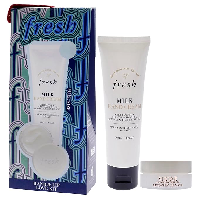 Fresh Hand And Lip Love Kit for Women - 2 Pc 1.6oz Milk Intensive Hand Cream, 0.3oz Sugar Recovery Lip Mask Advanced Therapy-Velvo Beauty