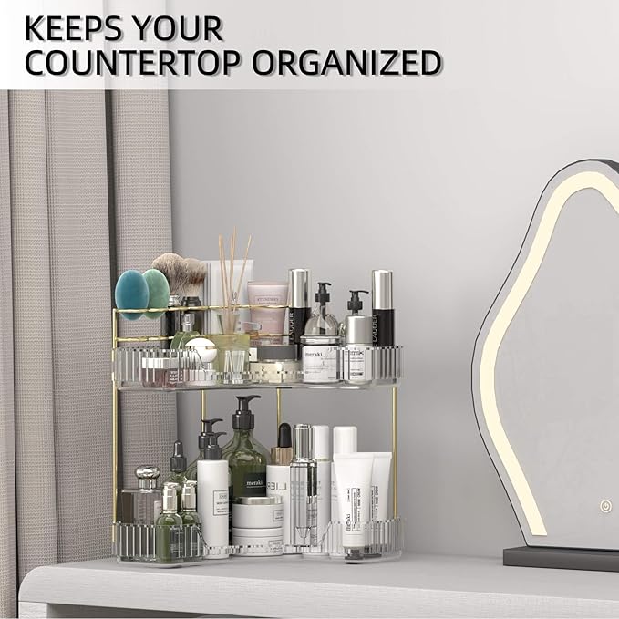 Makeup Organizer Countertop 2 Tier, Corner Bathroom Countertop Organizer with Toothbrush and Makeup Brush Holder, Corner Vanity Tray for Skincare Organization-Velvo Beauty