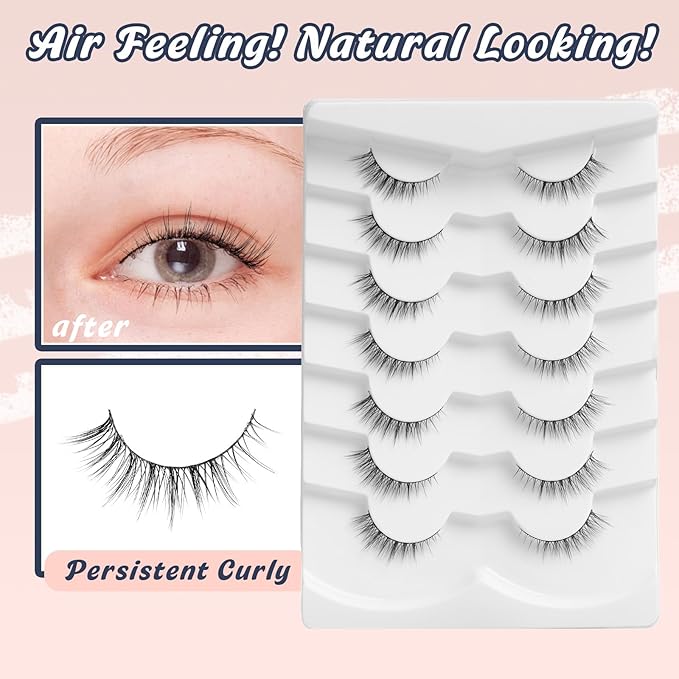 Natural Lashes Wispy Eyelashes Natural Look Short Lashes Pack 12mm Eyelashes C Curl False Lashes Thinner Band 3D Volume Fake Eyelashes 7 Pair Siligli-Velvo Beauty