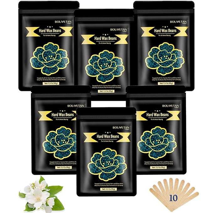 Hard Wax Beads, Bouvetan 1.3Lb/21oz Wax Beads for Brazilian Waxing, Hard Waxing Beans for Eyebrow, Face, Bikini for Women Men Hair Removal with 10pcs Spatulas, 6 Packs (Jasmine)-Velvo Beauty
