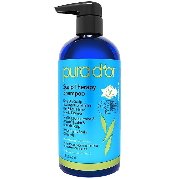 PURA D'OR Therapy Shampoo (16oz) Hydrates & Nourishes - Scalp Care Shampoo For Itchy Flaky Scalp w/ Tea Tree, Peppermint, Patchouli, Cedarwood, Clary Sage, Argan Oil (Packaging may vary)-Velvo Beauty
