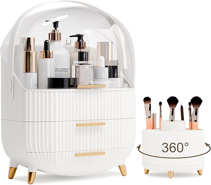 Makeup Organizers and Storage Make up Organizer for Vanity Cosmetics Skincare With Lid and Drawers Display Cases for Countertop Bathroom Women Teenager Girl Gifts(White+Brush Holder)-Velvo Beauty
