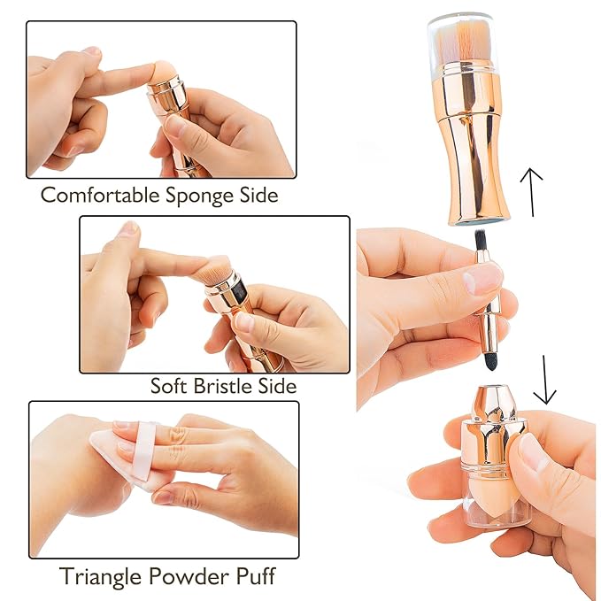 kullder 4 in 1 Makeup Brush Travel Makeup Brushes Blend Sponge, Eyebrow, Eyeshadow & Blush Brushes for Foundation Concealer Double Ended Makeup Brush with Powder Puff Women Ideal Gifts-Velvo Beauty