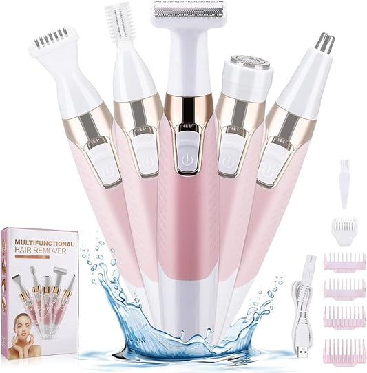Face Razors for Women, BestMal Bikini Trimmer 5 in 1 Wet/Dry Electric Shaver Razors for Face Nose Eyebrow Beard Mustache Arm Leg Armpit Pubic Area Painless Rechargeable Facial Hair Removal for Women-Velvo Beauty