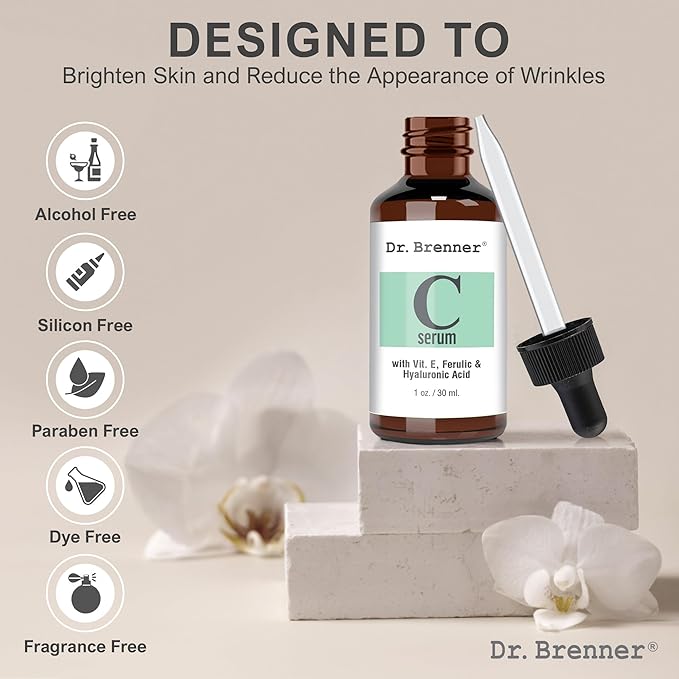 Vitamin C Serum 20% Pure L-Ascorbic Acid, Ferulic Acid, Vitamin E and Hyaluronic Acid for Face and Eyes Natural Anti Aging Anti Wrinkle 1oz. by Dr. Brenner-Velvo Beauty