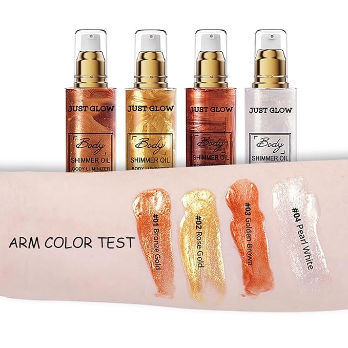 Shimmer Body Oil, Face and Body Liquid Luminizer Waterproof Moisturizing, Light Shimmer Glow Illuminator, Smooth Body Highlighter Makeup Liquid Body Shimmer (2# Gold)-Velvo Beauty