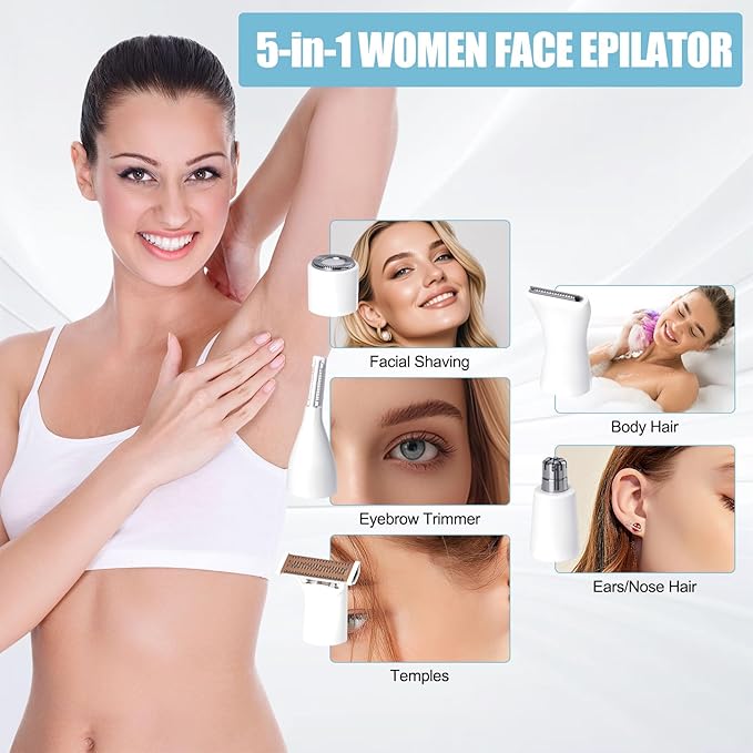 Women Face Epilator, 5 in 1 Epilator Hair Removal for Women, Electric Rechargeable Facial Hair Divice for Face,Lip,Chin with 5 x Replacement Heads, Nose Trimmer for All Skin Types-Velvo Beauty