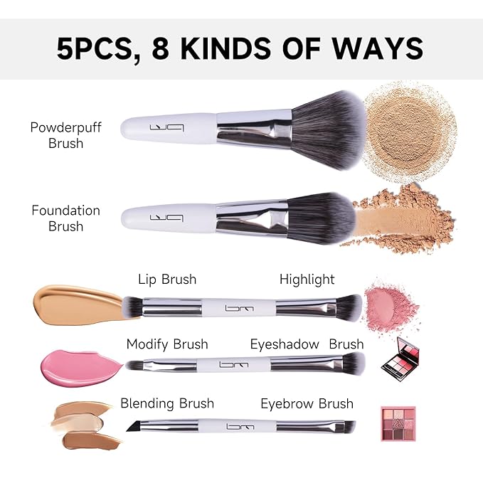 Travel Makeup Brushes Set w/Pouch, 5PCS Double Ended Portable Mini Cosmetic Brushes Kit for Foundation, Eyeshadow, Lip, Blush Make Up Brushes Professional(White)-Velvo Beauty
