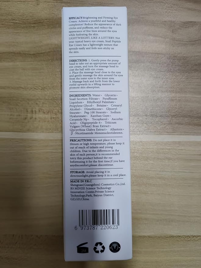 Snail Peptide Eye Cream, Snail Mucin Eye Cream Contains Niacinamide, Hyaluronic Acid To Reduce Wrinkles, Dark Circles, Puffiness and Fine Lines 17 ML-Velvo Beauty